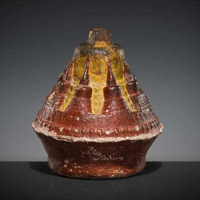 Lot 134 - A LARGE POLYCHROMED CLAY TSA-TSA OF A STUPA, 19TH CENTURY OR EARLIER