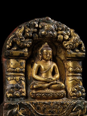 Lot 117 - AN IMPORTANT GROUP OF FOUR INSCRIBED GILT-COPPER REPOUSSÉ RELIEFS DEPICTING WISDOM BUDDHAS, 17TH-18TH CENTURY