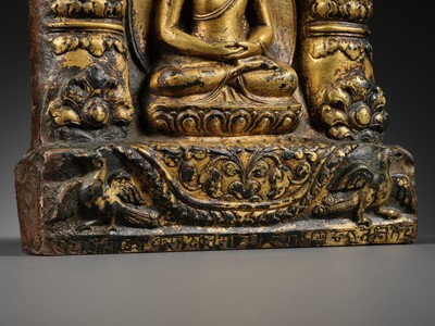 Lot 117 - AN IMPORTANT GROUP OF FOUR INSCRIBED GILT-COPPER REPOUSSÉ RELIEFS DEPICTING WISDOM BUDDHAS, 17TH-18TH CENTURY