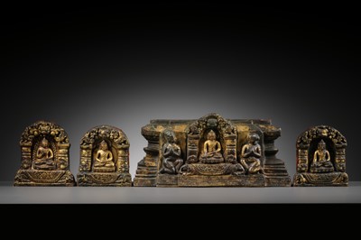 Lot 117 - AN IMPORTANT GROUP OF FOUR INSCRIBED GILT-COPPER REPOUSSÉ RELIEFS DEPICTING WISDOM BUDDHAS, 17TH-18TH CENTURY