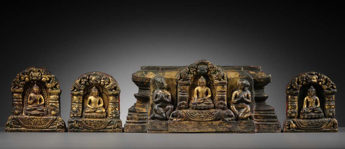 Lot 117 - AN IMPORTANT GROUP OF FOUR INSCRIBED GILT-COPPER REPOUSSÉ RELIEFS DEPICTING WISDOM BUDDHAS, 17TH-18TH CENTURY