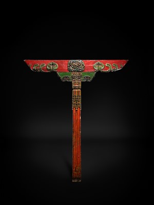 Lot 119 - A CARVED POLYCHROME WOOD COLUMN, TIBET, 18TH-19TH CENTURY