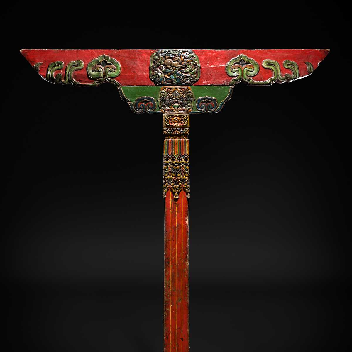 Lot 119 - A CARVED POLYCHROME WOOD COLUMN, TIBET, 18TH-19TH CENTURY