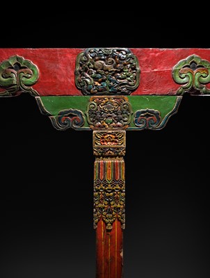 Lot 119 - A CARVED POLYCHROME WOOD COLUMN, TIBET, 18TH-19TH CENTURY