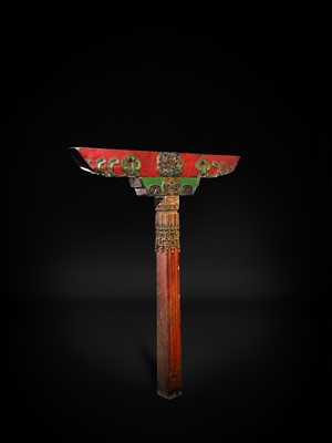 Lot 119 - A CARVED POLYCHROME WOOD COLUMN, TIBET, 18TH-19TH CENTURY