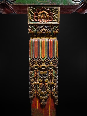 Lot 119 - A CARVED POLYCHROME WOOD COLUMN, TIBET, 18TH-19TH CENTURY