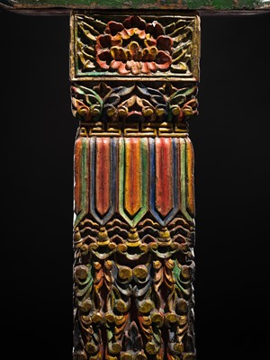 Lot 119 - A CARVED POLYCHROME WOOD COLUMN, TIBET, 18TH-19TH CENTURY