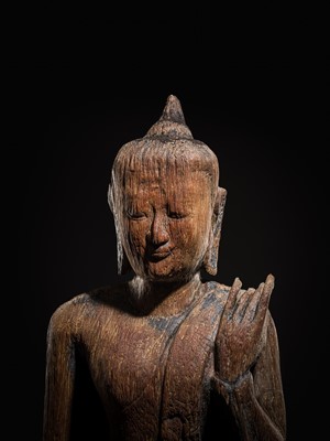 Lot 14 - A MONUMENTAL (187 CM HIGH) HARDWOOD FIGURE OF BUDDHA, PAGAN STYLE, 18TH CENTURY OR EARLIER