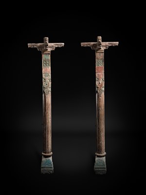 Lot 99 - A PAIR OF CARVED AND LACQUERED WOOD COLUMNS, THAMBLO, MID-19TH CENTURY