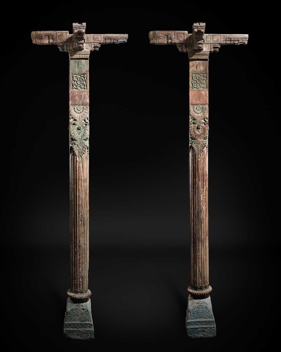 Lot 99 - A PAIR OF CARVED AND LACQUERED WOOD COLUMNS, THAMBLO, MID-19TH CENTURY