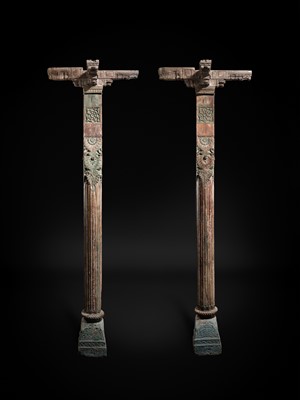 Lot 99 - A PAIR OF CARVED AND LACQUERED WOOD COLUMNS, THAMBLO, MID-19TH CENTURY