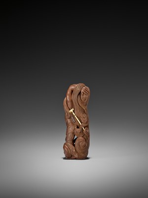 Lot 195 - TANETOSHI: A LARGE AND UNUSUAL INLAID WOOD NETSUKE OF HANNYA WITH FAMILY