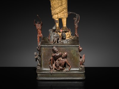 Lot 31 - A LARGE PARCEL-GILT-LACQUERED BRONZE GROUP DEPICTING PHRA MALAI IN HELL, RATTANAKOSIN PERIOD