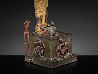 Lot 31 - A LARGE PARCEL-GILT-LACQUERED BRONZE GROUP DEPICTING PHRA MALAI IN HELL, RATTANAKOSIN PERIOD