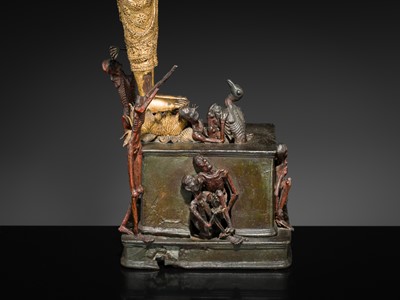 Lot 31 - A LARGE PARCEL-GILT-LACQUERED BRONZE GROUP DEPICTING PHRA MALAI IN HELL, RATTANAKOSIN PERIOD