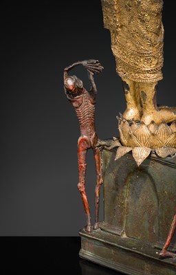 Lot 31 - A LARGE PARCEL-GILT-LACQUERED BRONZE GROUP DEPICTING PHRA MALAI IN HELL, RATTANAKOSIN PERIOD