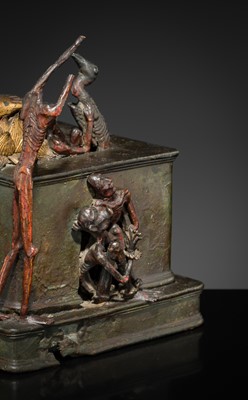 Lot 31 - A LARGE PARCEL-GILT-LACQUERED BRONZE GROUP DEPICTING PHRA MALAI IN HELL, RATTANAKOSIN PERIOD