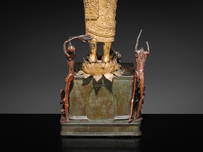 Lot 31 - A LARGE PARCEL-GILT-LACQUERED BRONZE GROUP DEPICTING PHRA MALAI IN HELL, RATTANAKOSIN PERIOD