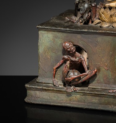 Lot 31 - A LARGE PARCEL-GILT-LACQUERED BRONZE GROUP DEPICTING PHRA MALAI IN HELL, RATTANAKOSIN PERIOD