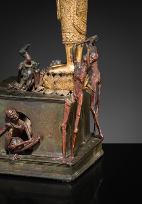 Lot 31 - A LARGE PARCEL-GILT-LACQUERED BRONZE GROUP DEPICTING PHRA MALAI IN HELL, RATTANAKOSIN PERIOD