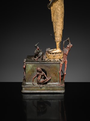 Lot 31 - A LARGE PARCEL-GILT-LACQUERED BRONZE GROUP DEPICTING PHRA MALAI IN HELL, RATTANAKOSIN PERIOD