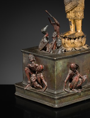 Lot 31 - A LARGE PARCEL-GILT-LACQUERED BRONZE GROUP DEPICTING PHRA MALAI IN HELL, RATTANAKOSIN PERIOD