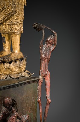Lot 31 - A LARGE PARCEL-GILT-LACQUERED BRONZE GROUP DEPICTING PHRA MALAI IN HELL, RATTANAKOSIN PERIOD