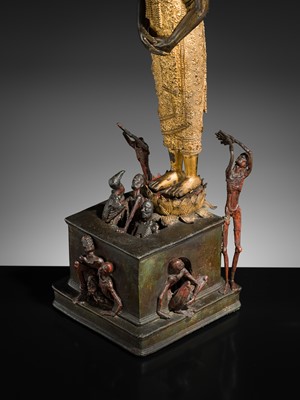 Lot 31 - A LARGE PARCEL-GILT-LACQUERED BRONZE GROUP DEPICTING PHRA MALAI IN HELL, RATTANAKOSIN PERIOD