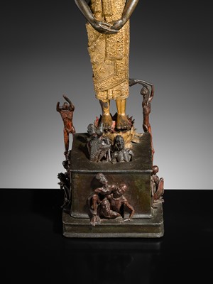 Lot 31 - A LARGE PARCEL-GILT-LACQUERED BRONZE GROUP DEPICTING PHRA MALAI IN HELL, RATTANAKOSIN PERIOD