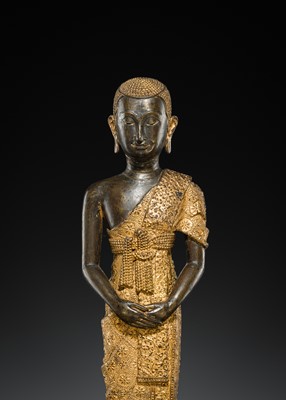 Lot 31 - A LARGE PARCEL-GILT-LACQUERED BRONZE GROUP DEPICTING PHRA MALAI IN HELL, RATTANAKOSIN PERIOD