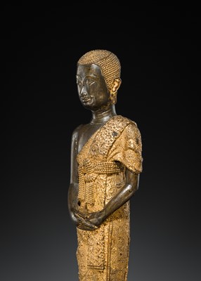 Lot 31 - A LARGE PARCEL-GILT-LACQUERED BRONZE GROUP DEPICTING PHRA MALAI IN HELL, RATTANAKOSIN PERIOD