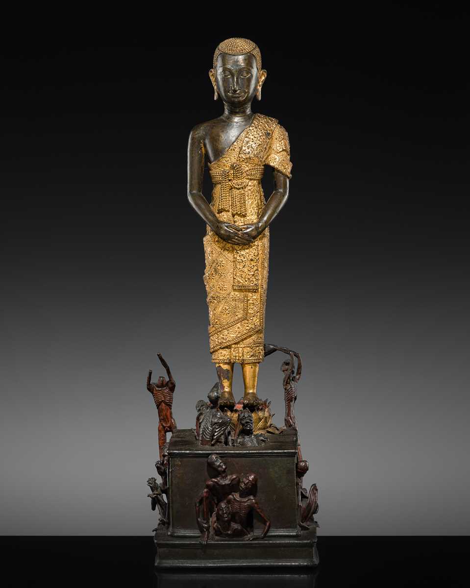 Lot 31 - A LARGE PARCEL-GILT-LACQUERED BRONZE GROUP DEPICTING PHRA MALAI IN HELL, RATTANAKOSIN PERIOD