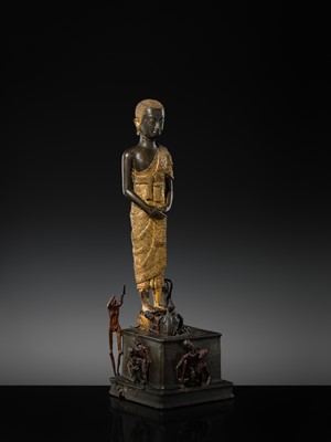 Lot 31 - A LARGE PARCEL-GILT-LACQUERED BRONZE GROUP DEPICTING PHRA MALAI IN HELL, RATTANAKOSIN PERIOD