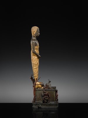 Lot 31 - A LARGE PARCEL-GILT-LACQUERED BRONZE GROUP DEPICTING PHRA MALAI IN HELL, RATTANAKOSIN PERIOD