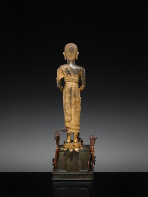 Lot 31 - A LARGE PARCEL-GILT-LACQUERED BRONZE GROUP DEPICTING PHRA MALAI IN HELL, RATTANAKOSIN PERIOD