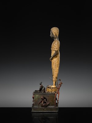 Lot 31 - A LARGE PARCEL-GILT-LACQUERED BRONZE GROUP DEPICTING PHRA MALAI IN HELL, RATTANAKOSIN PERIOD