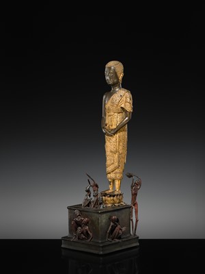 Lot 31 - A LARGE PARCEL-GILT-LACQUERED BRONZE GROUP DEPICTING PHRA MALAI IN HELL, RATTANAKOSIN PERIOD