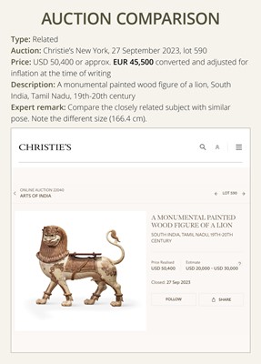 Lot 102 - A LARGE WOOD FIGURE OF A LION, SOUTH INDIA, PROBABLY TAMIL NADU, 19TH-20TH CENTURY