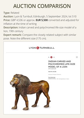 Lot 102 - A LARGE WOOD FIGURE OF A LION, SOUTH INDIA, PROBABLY TAMIL NADU, 19TH-20TH CENTURY