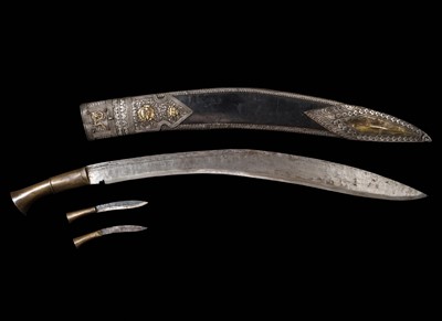 Lot 242 - A MASSIVE IRON SWORD WITH A PARCEL-GILT SILVER MOUNTED WOOD SCABBARD, KOTHIMORA KUKRI, NEPAL, 19TH CENTURY