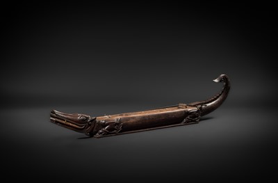 Lot 104 - A BONE-INLAID WOOD THREE-STRINGED CROCODILE ZITHER, MI-GYAYUNG, MON PEOPLE, LATE 19TH TO EARLY 20TH CENTURY
