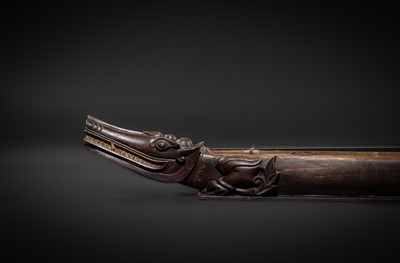 Lot 104 - A BONE-INLAID WOOD THREE-STRINGED CROCODILE ZITHER, MI-GYAYUNG, MON PEOPLE, LATE 19TH TO EARLY 20TH CENTURY