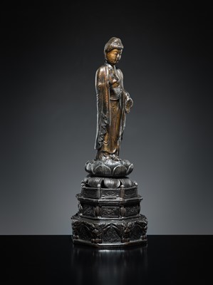 A PARCEL-GILT PEWTER FIGURE OF AMIDA NYORAI