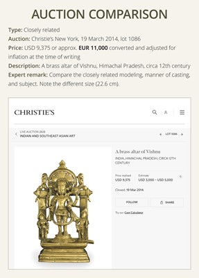 Lot 70 - A RARE SMALL BRASS ALTAR OF VISHNU, HIMACHAL PRADESH, 12TH-13TH CENTURY