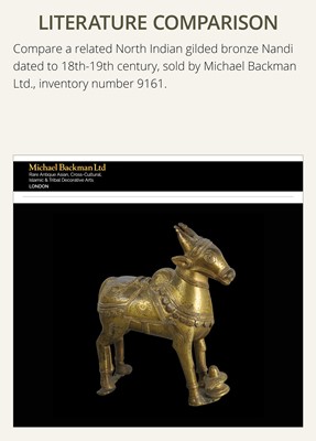 Lot 85 - A COPPER ALLOY FIGURE OF NANDI, NORTHERN INDIA, 18TH-19TH CENTURY
