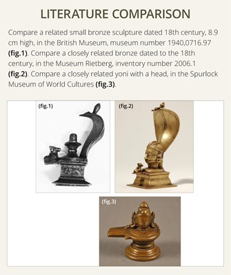 Lot 178 - A COPPER SHIVA MUKHALINGAM AND A BRONZE YONI WITH NANDI AND FIVE-HEADED NAGA CANOPY, MAHARASHTRA, 17TH AND 18TH CENTURY