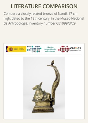 Lot 87 - A BRONZE FIGURE OF NANDI CANOPIED BY A NAGA, 18TH-19TH CENTURY