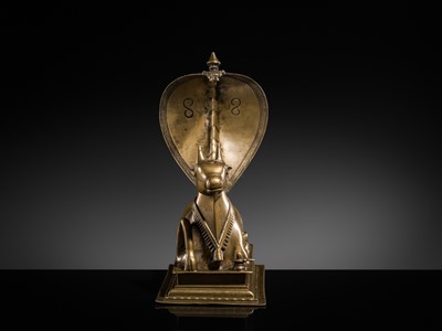 Lot 87 - A BRONZE FIGURE OF NANDI CANOPIED BY A NAGA, 18TH-19TH CENTURY