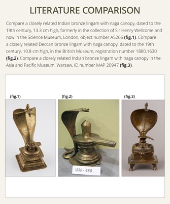 Lot 179 - A BRASS LINGAM WITH FIVE-HEADED NAGA CANOPY, MAHARASHTRA, 18TH-19TH CENTURY