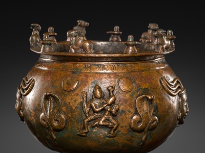 Lot 88 - A SHAIVITE COPPER ALLOY JAR FOR HOLY ASHES, VIBHUTIPATRA, TAMIL NADU, 18TH CENTURY